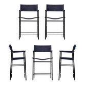 Set of 6 counter-height stools with navy blue leather backrest and rubber metal.
