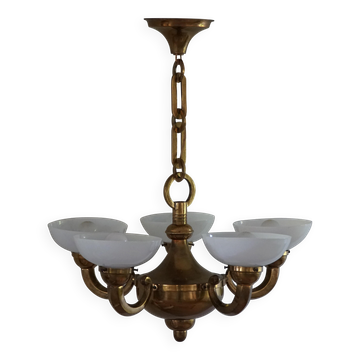 Lustre Art Déco danois moderne, verre et laiton, années 1940