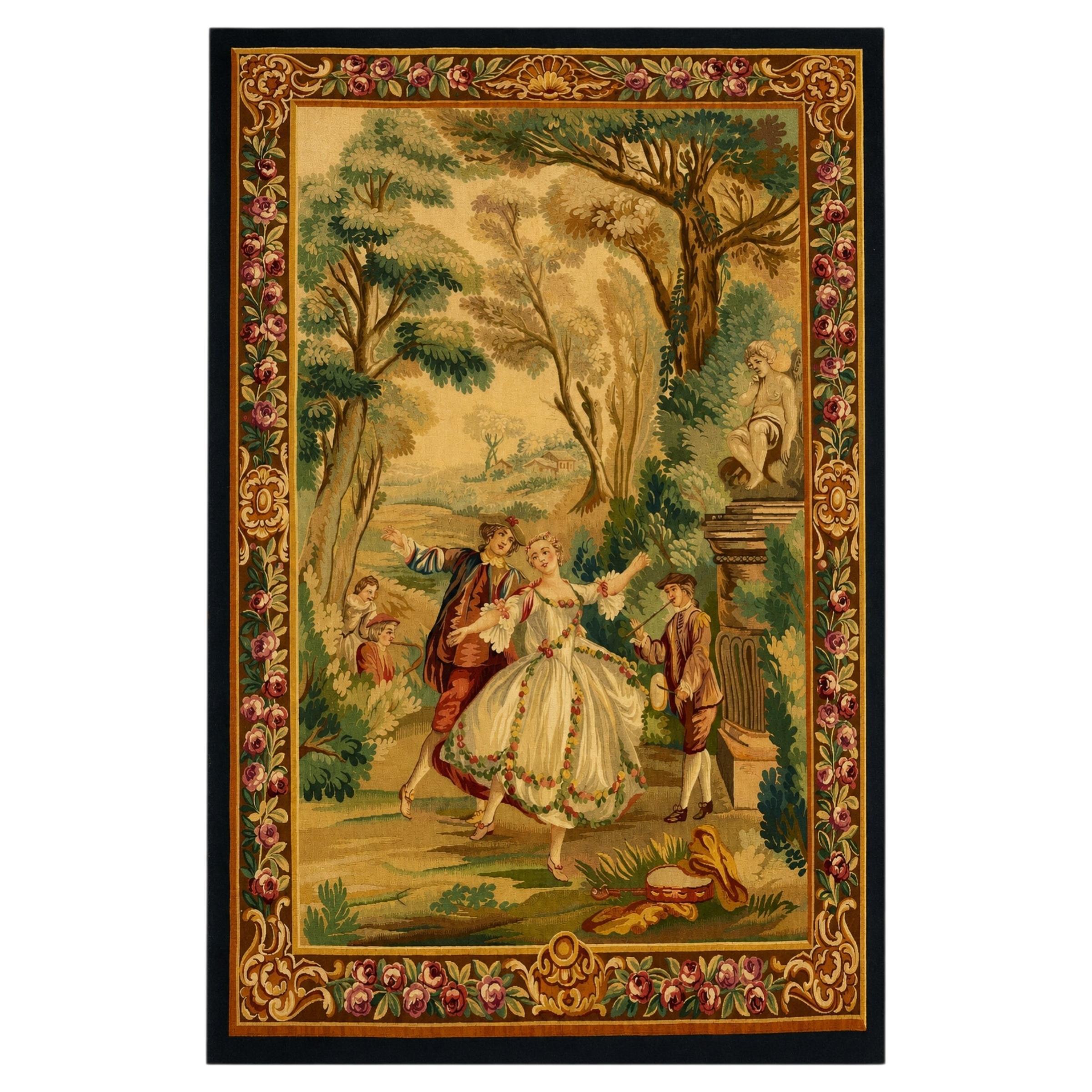 Tapisserie murale en laine de style français élégant avec verdure et scène de cour romantique