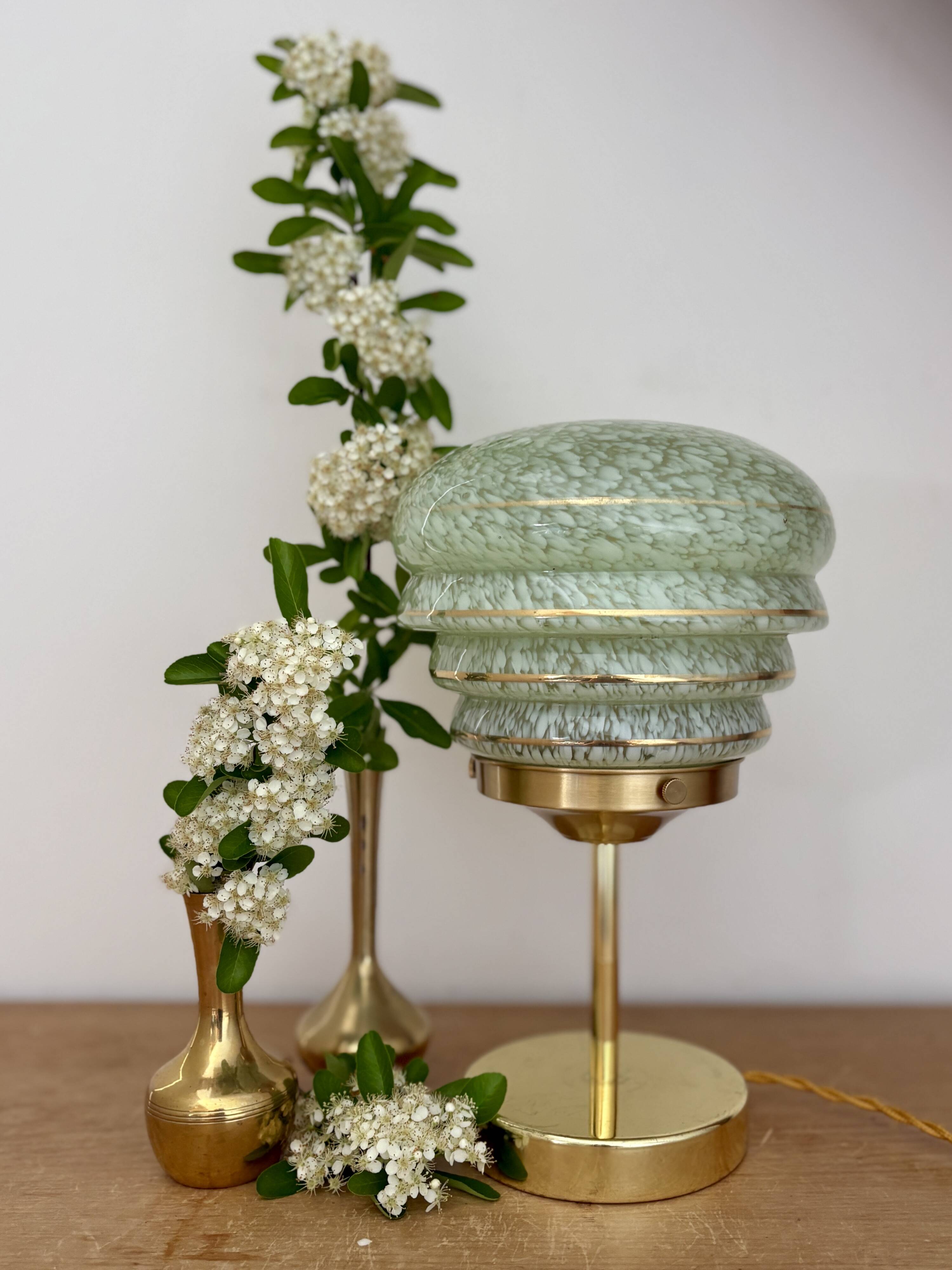 Vintage art deco globe table lamp in green and gold Clichy glass