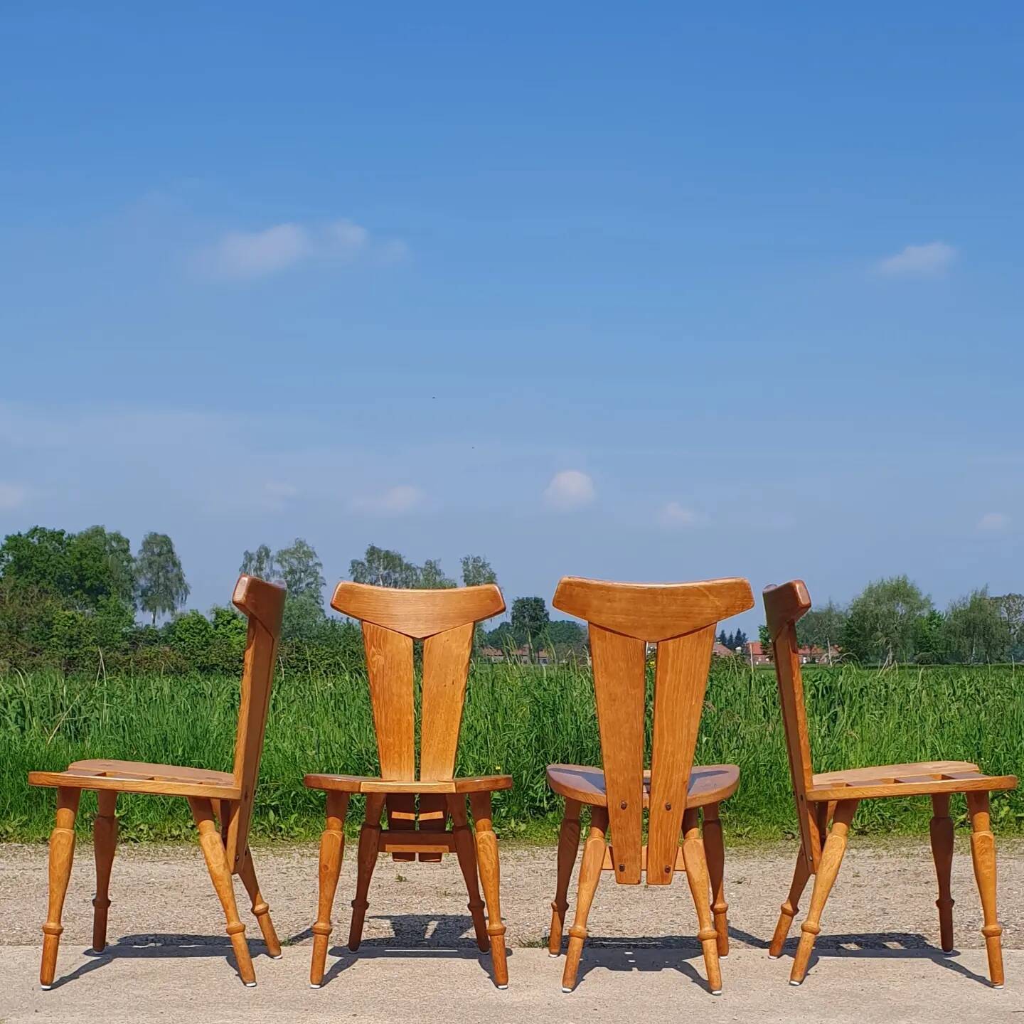 Set 4 Brutalist sculptural vintage oak cafe dining chair 1960s