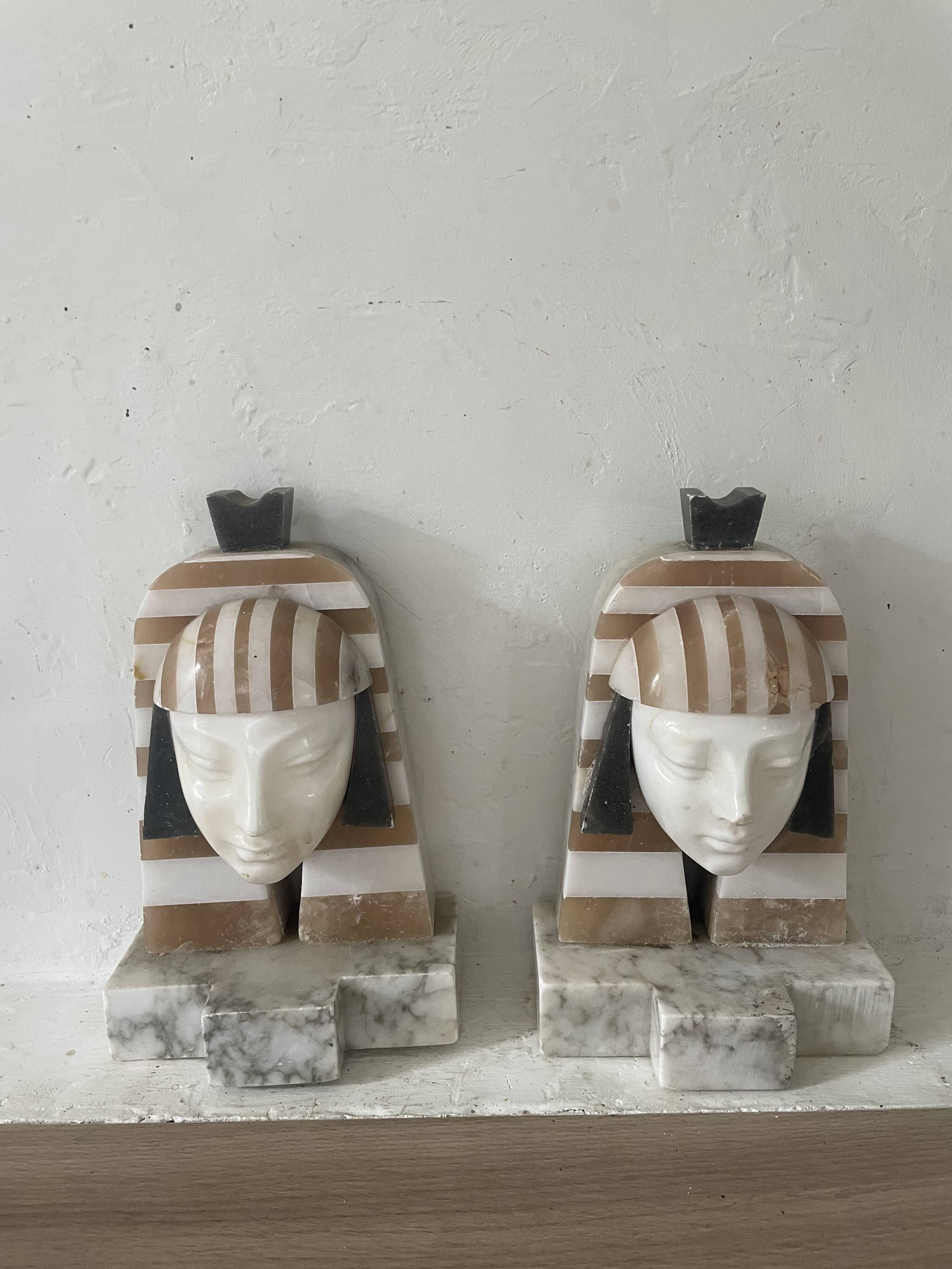 Art Deco "Egyptian Revival" pair of bookends in carved alabaster
