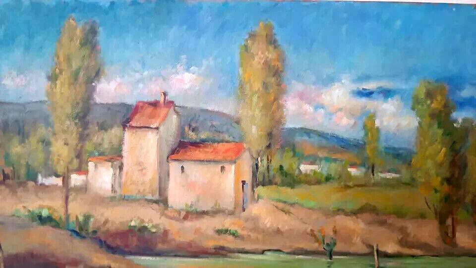 Tuscan landscape painting oil on panel signed