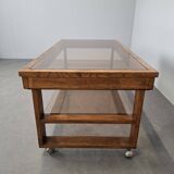 Mid-Century Smoked Glass and Wood Coffee Table on Wheels, Czechoslovakia