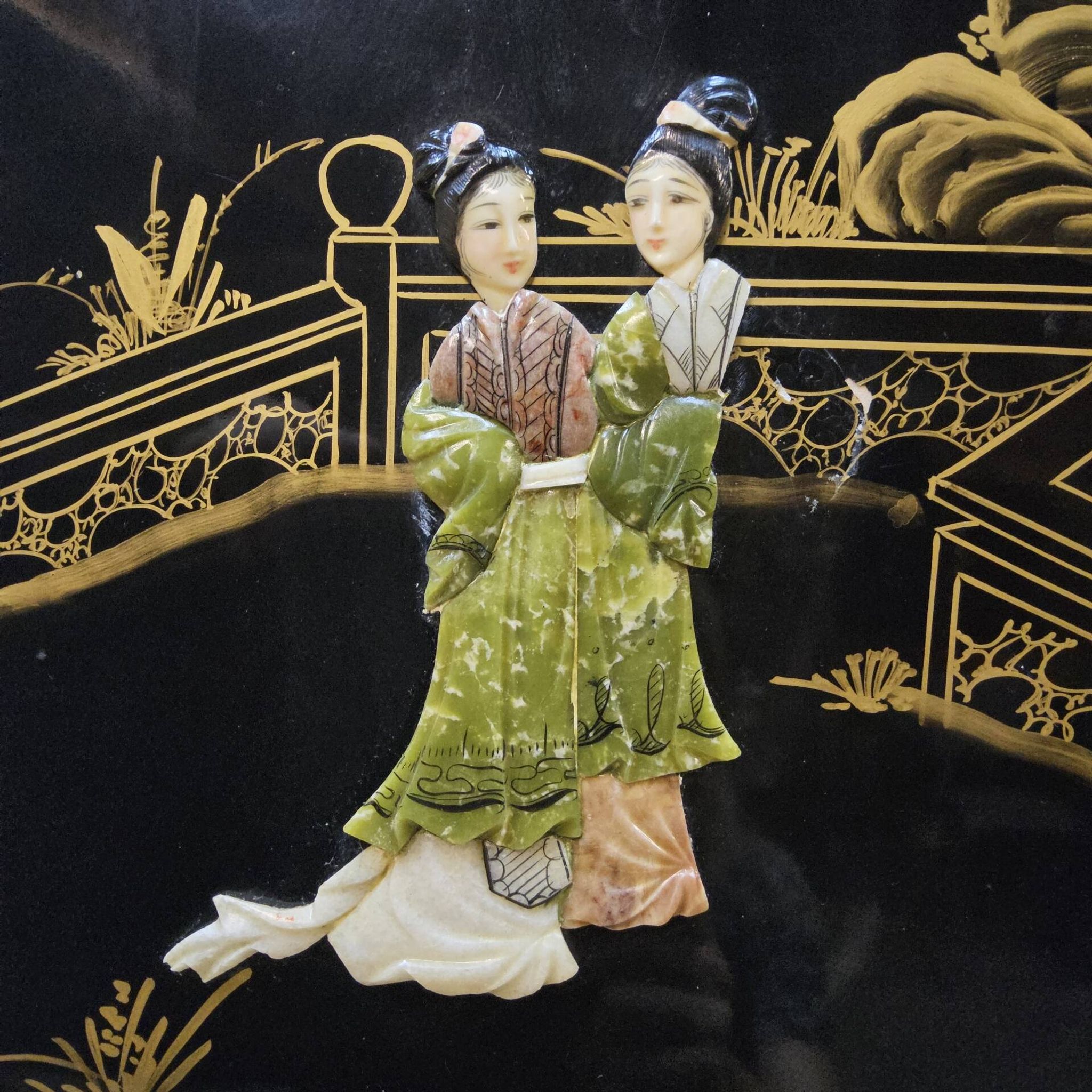 Vintage Chinese black lacquer cabinet soapstone, mother-of-pearl bohemia