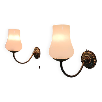Brass wall lights with opaline tulip - mid 20th century.