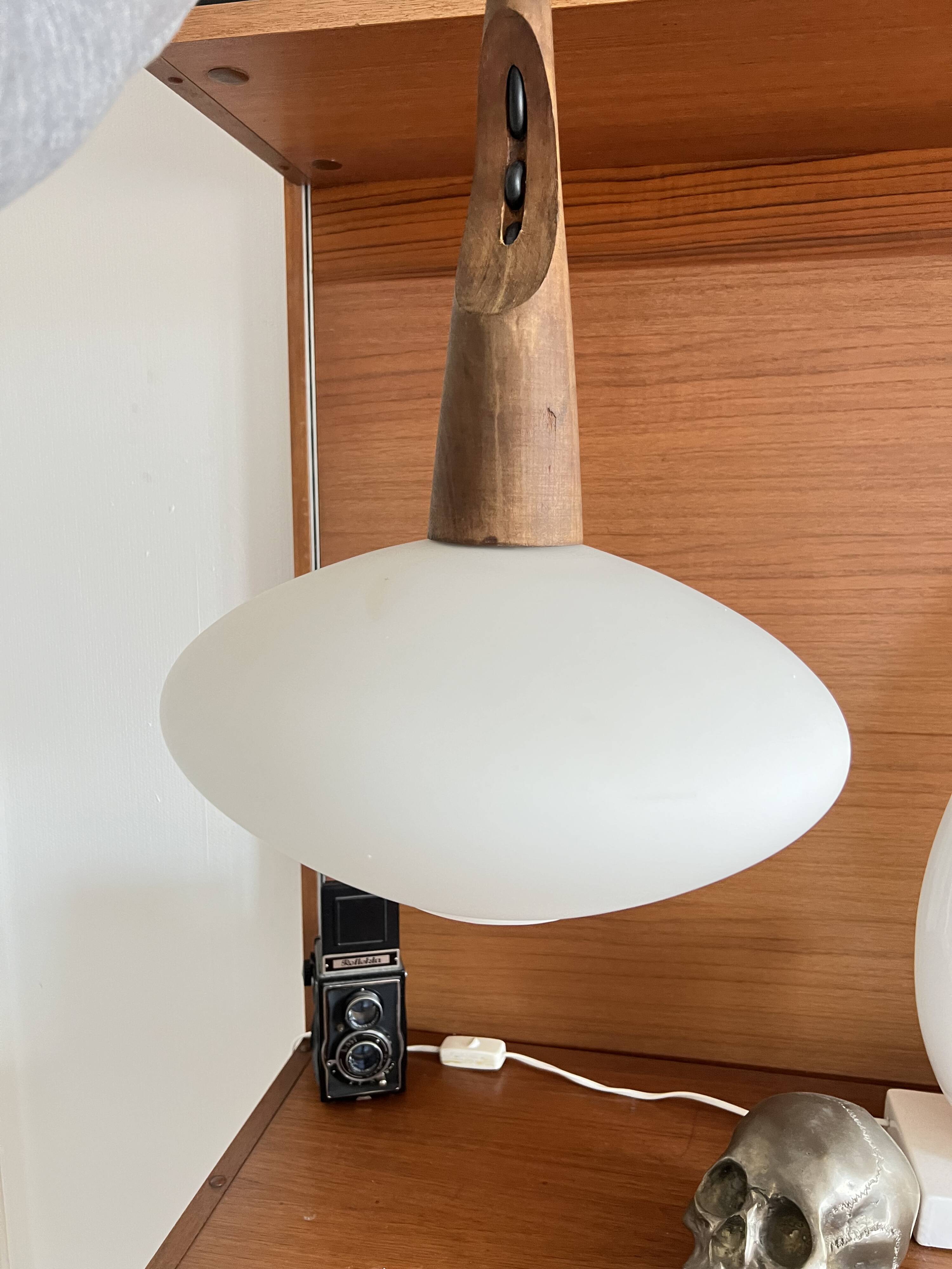 Pendant lamp in teak and opaline glass by Uno and Östen Kristiansson Luxus 50s