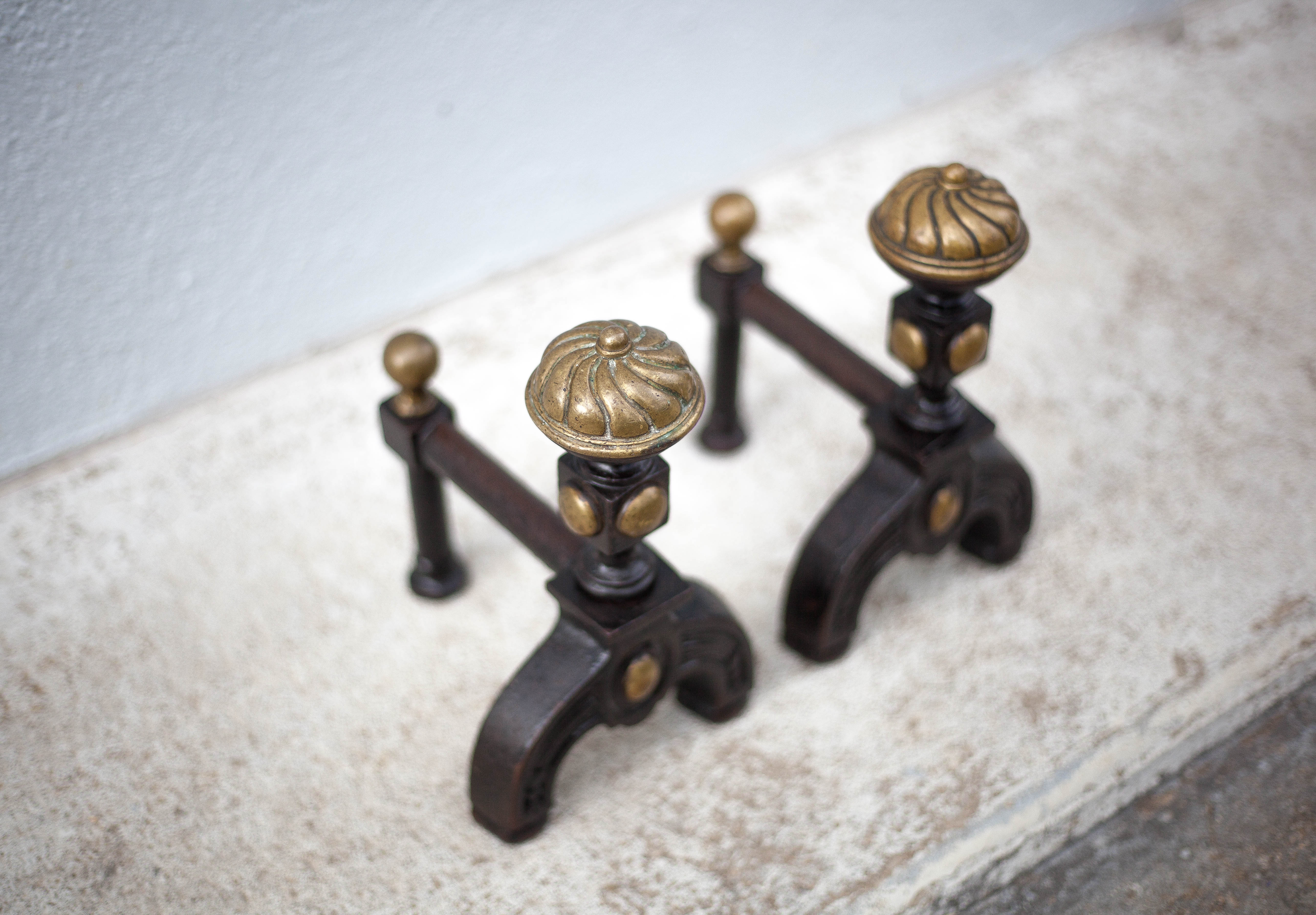 Vintage fireplace pegs, empire style cast iron and brass pegs, fireplace accessories