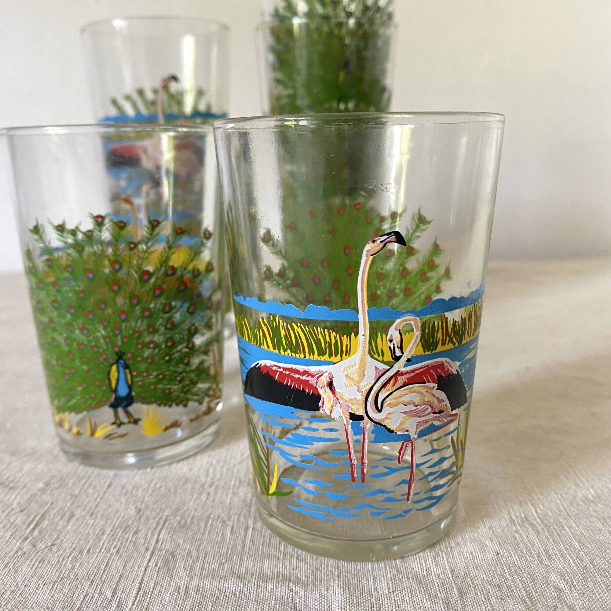 Verres à eau vintage décorés , flamand rose et paon