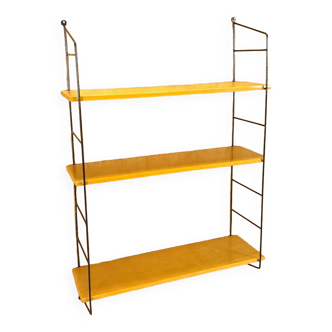 Wall rack with steel holders and light wood shelves, vintage wall system