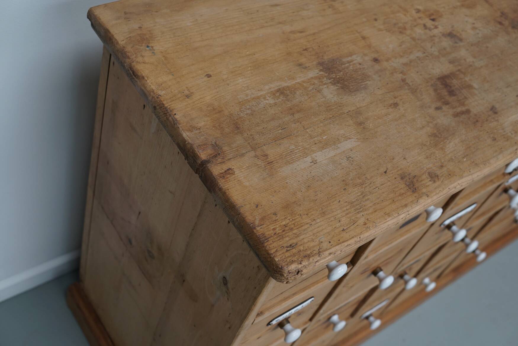 Antique German Pine Apothecary Cabinet with Enamel Shields, 1900s