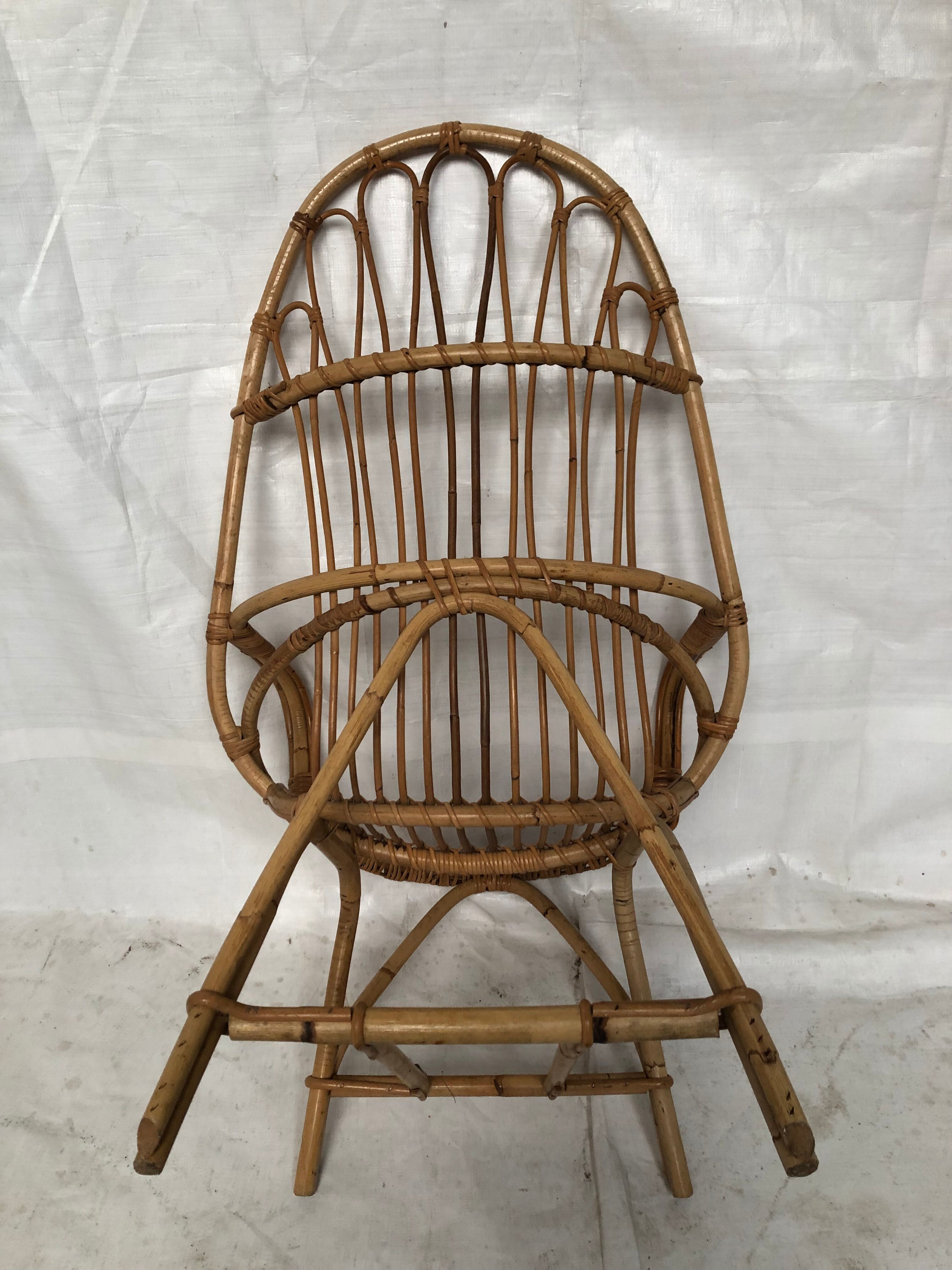 Wicker armchair rattan bamboo 60s large backrest