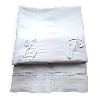 Drap ancien en coton blanc monogramme DP et jours en retour  2 x 3 m