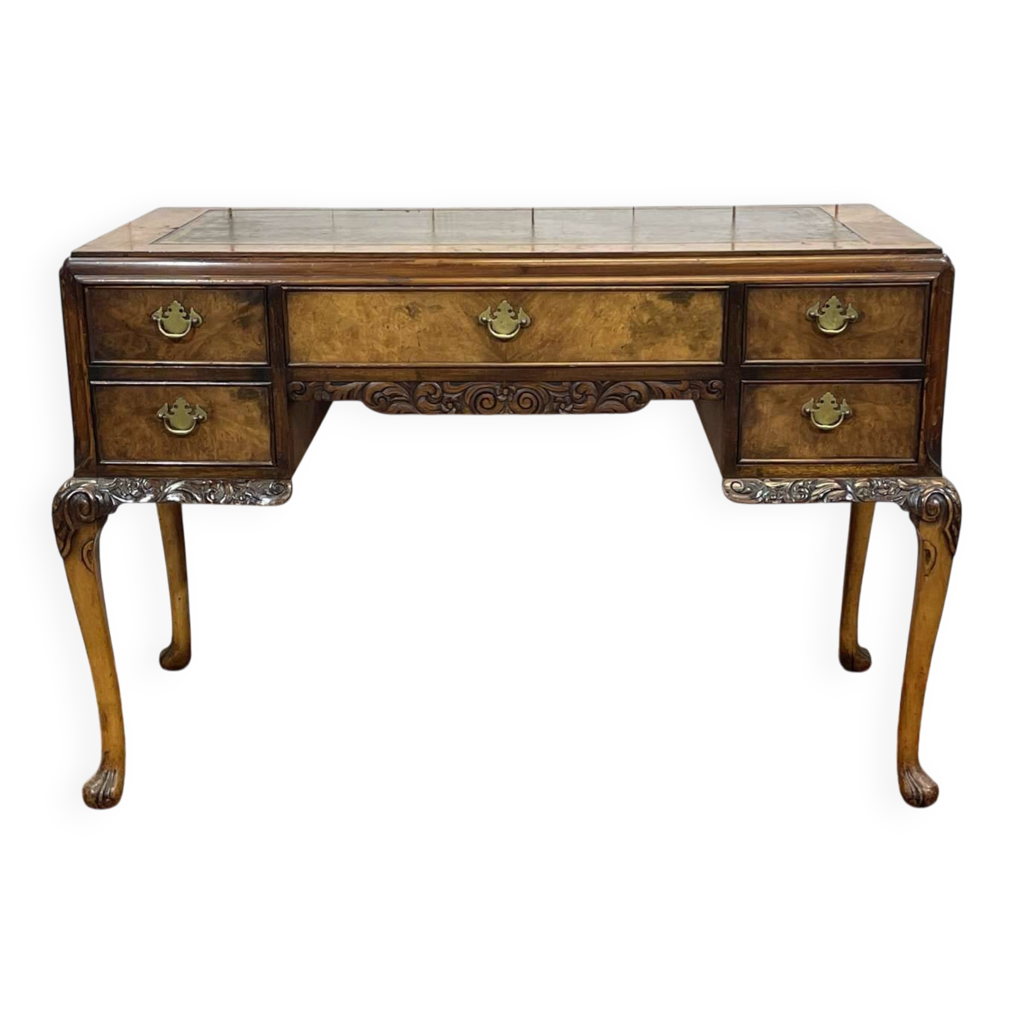 1930s English Chippendale desk in walnut burl.