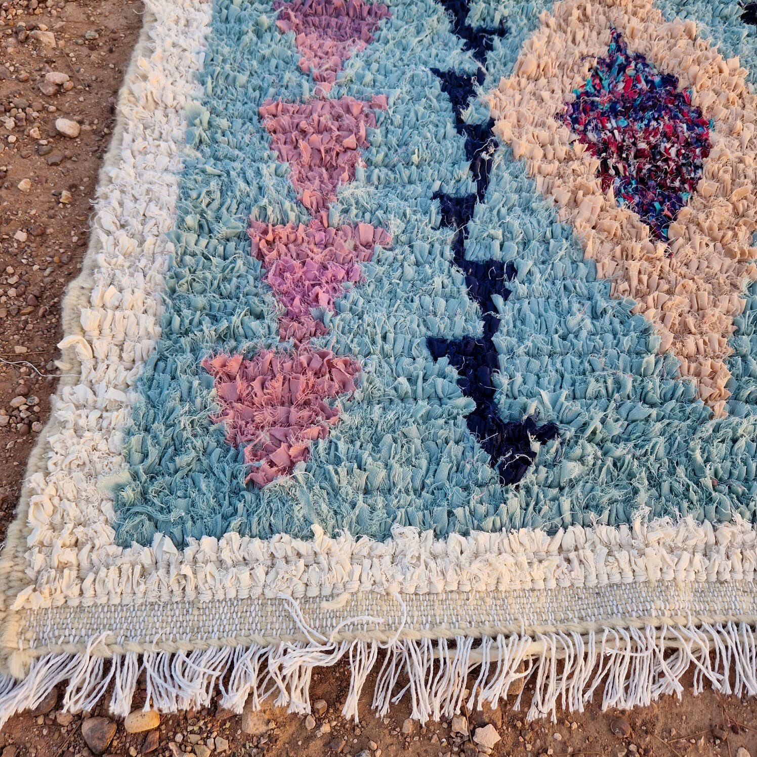 Moroccan Berber carpet Boucherouite light blue
