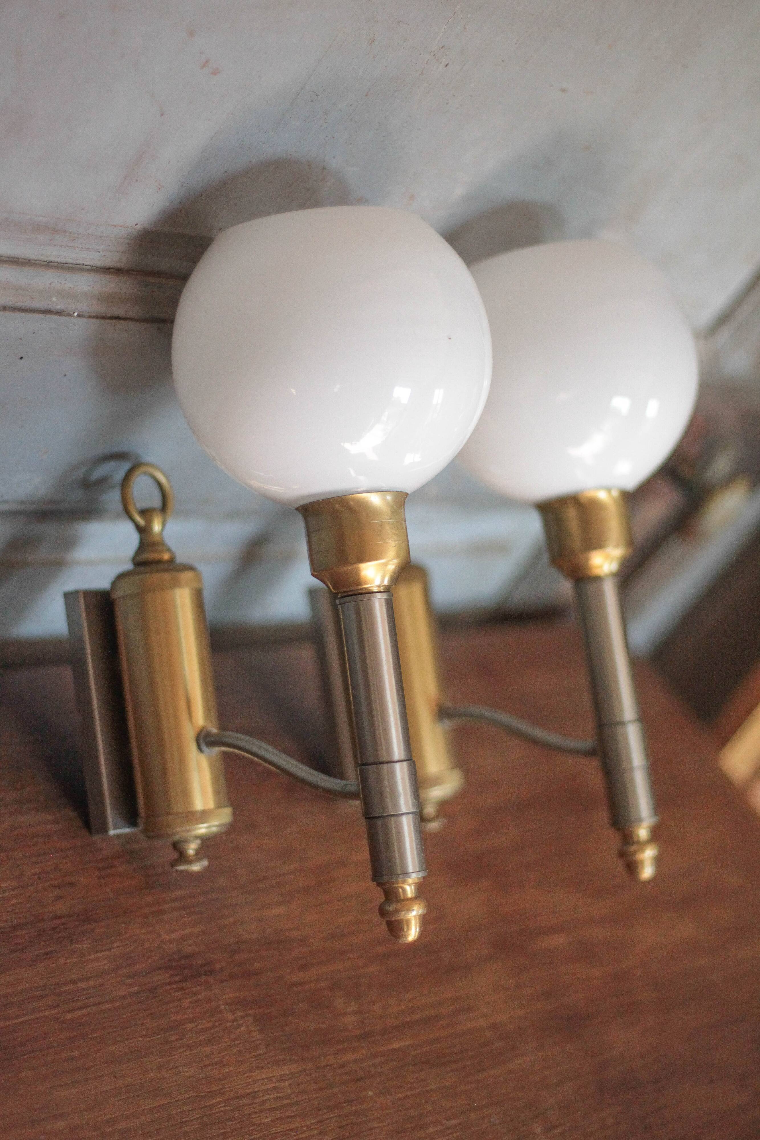 Pair of brass and white opaline wall lights, vintage wall light