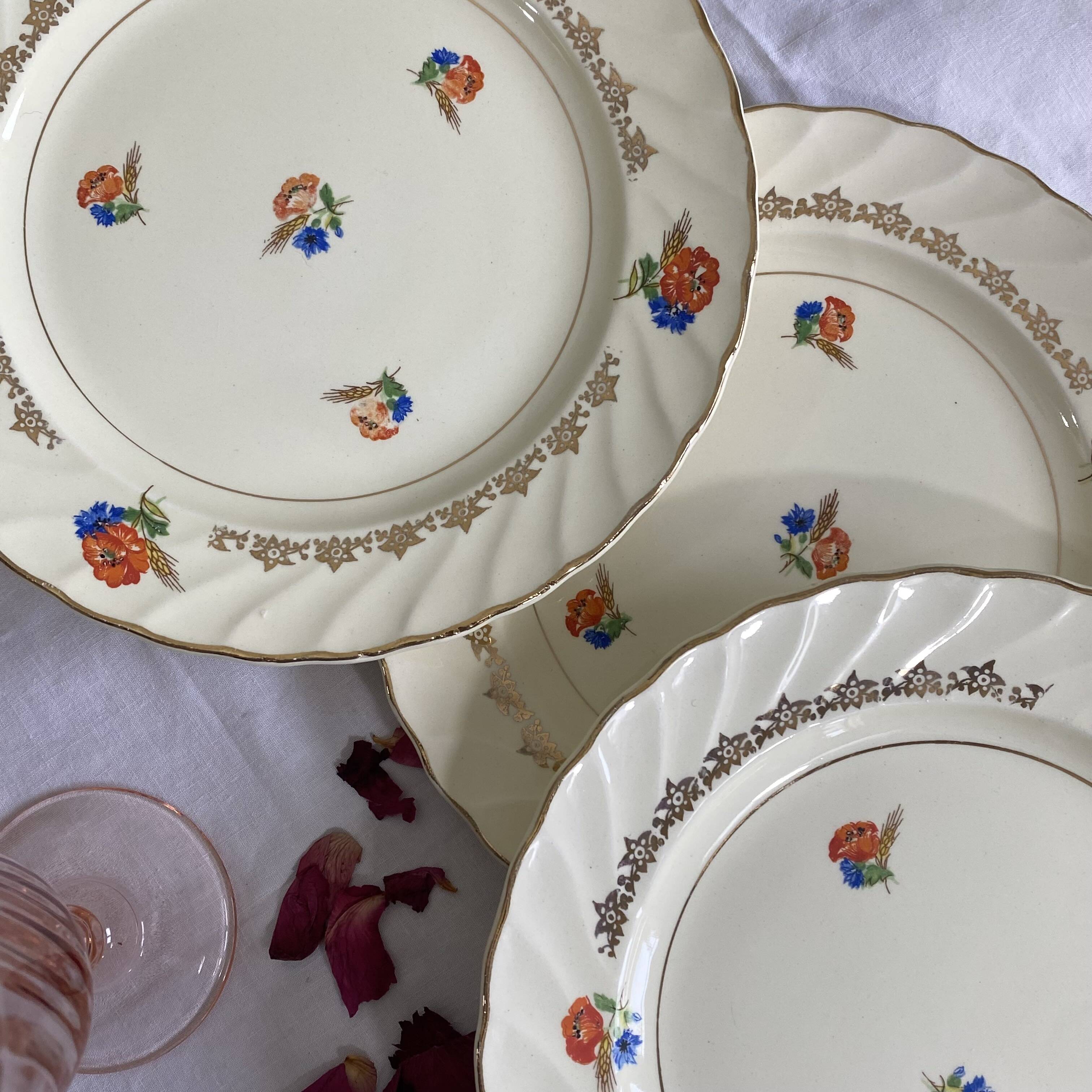 6 pale yellow earthenware dessert plates from Salins with flowers