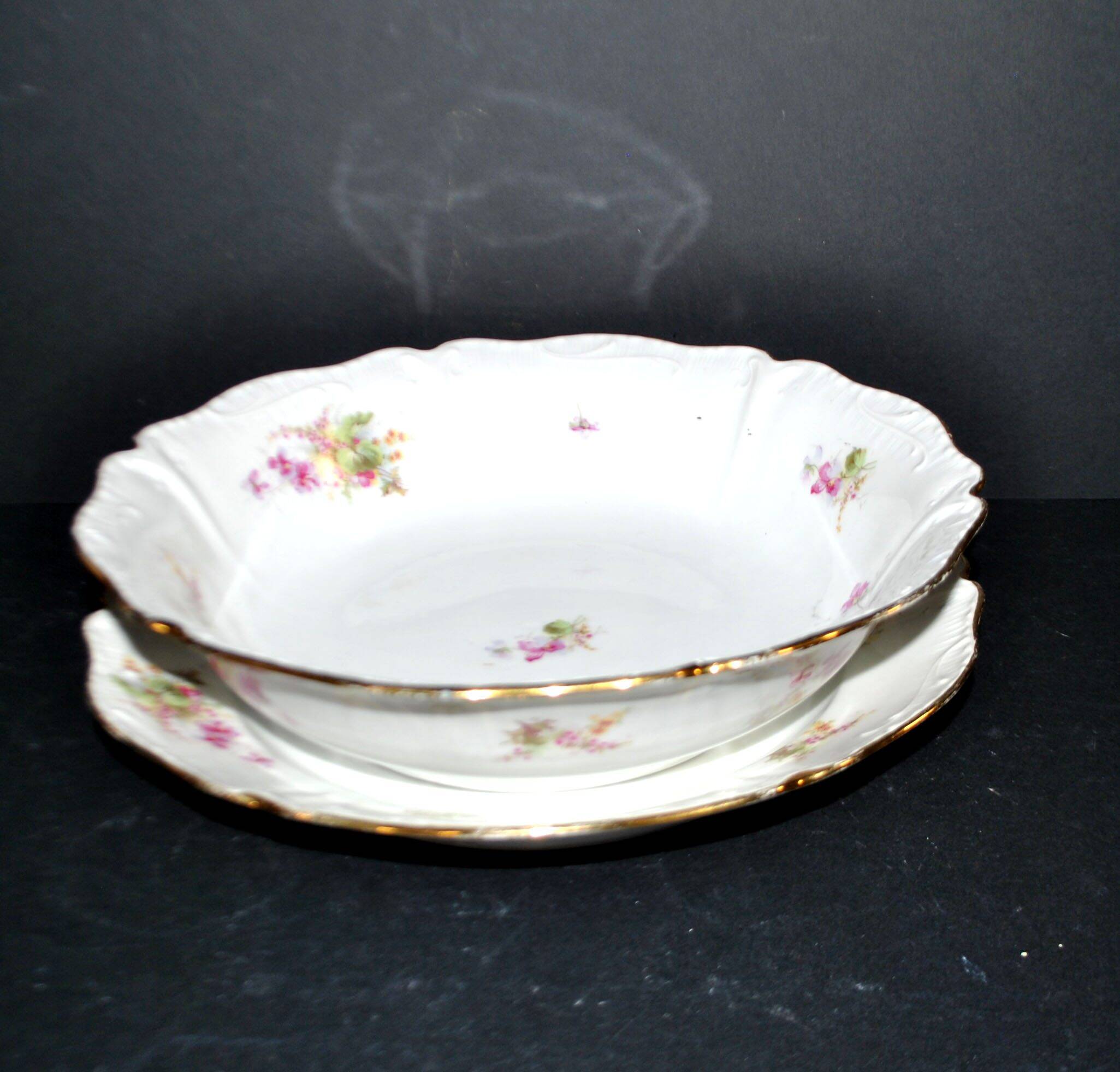 Vintage floral porcelain salad bowl with gilding + matching round plate