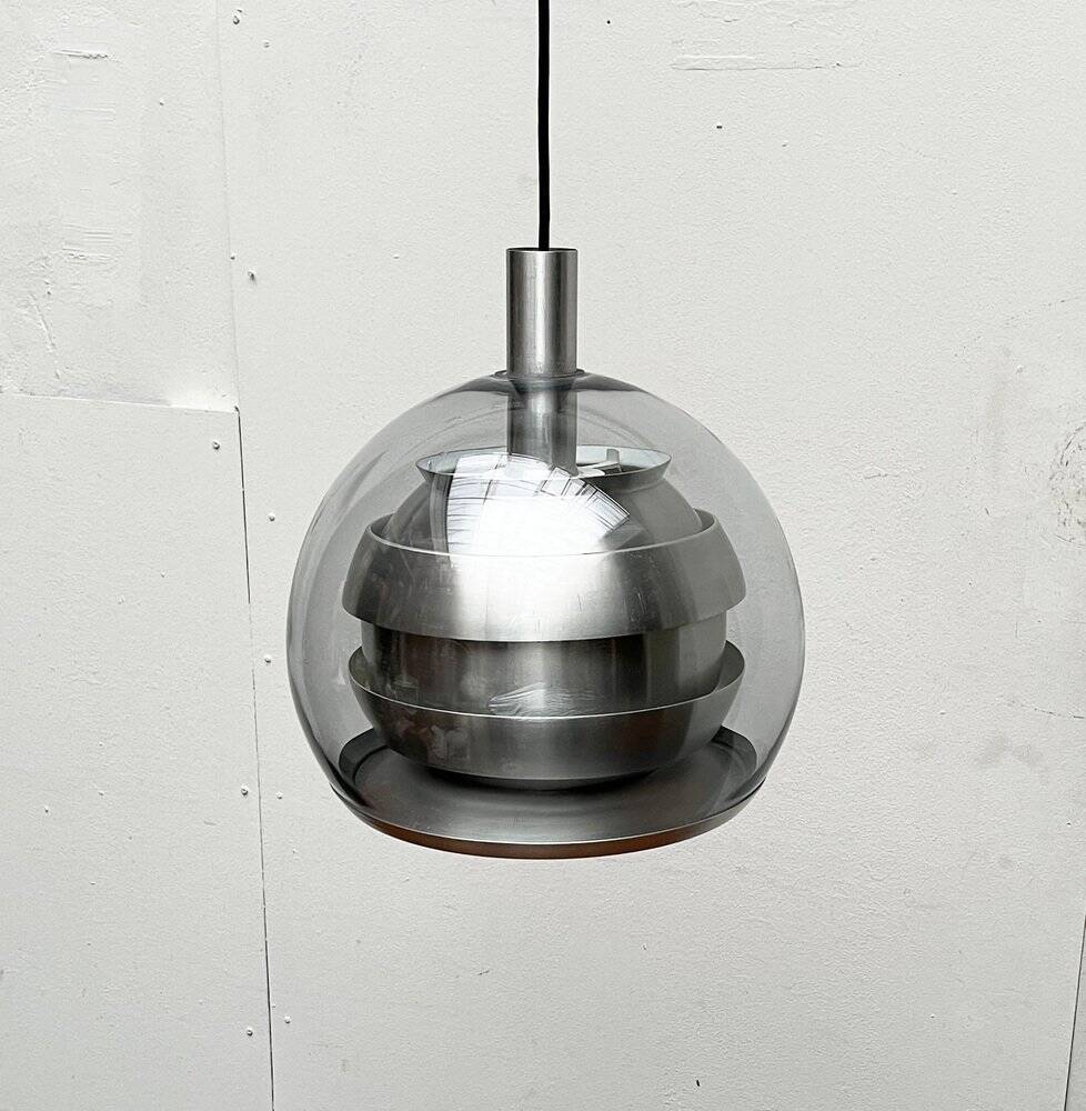 Suspended globe lamp in aluminium and glass in German Space style from the 1960s mid-century by Doria.