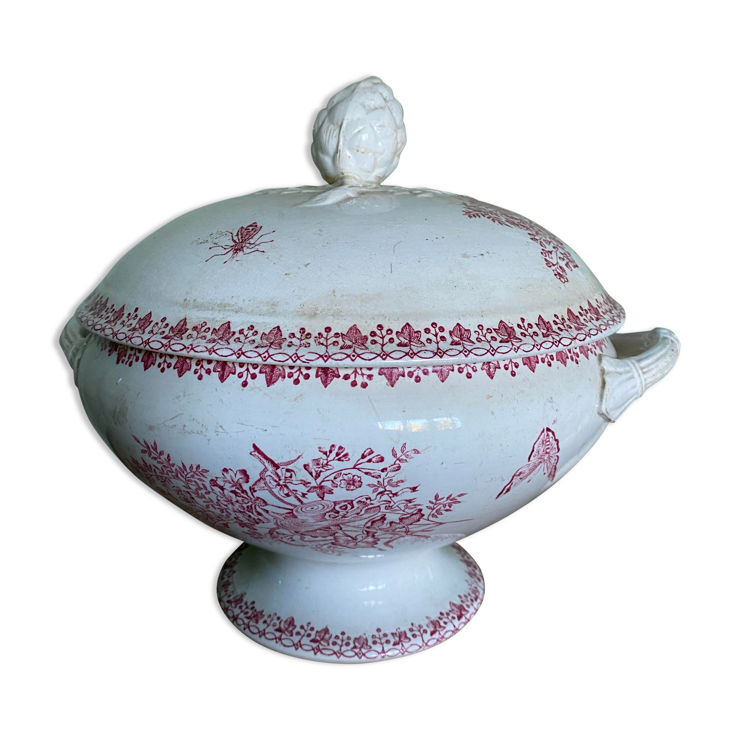 Pink ironstone soup tureen with rustic motif, floral butterflies and bees