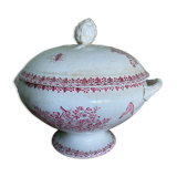 Pink ironstone soup tureen with rustic motif, floral butterflies and bees