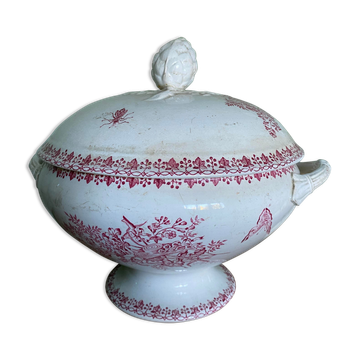 Pink ironstone soup tureen with rustic motif, floral butterflies and bees