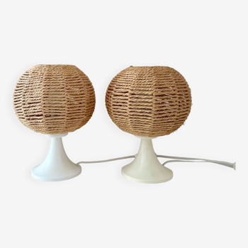 2 vintage table lamps, bedside lamp, sisal lamps, ball lamp, boho, mid-century interior