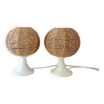 2 vintage table lamps, bedside lamp, sisal lamps, ball lamp, boho, mid-century interior