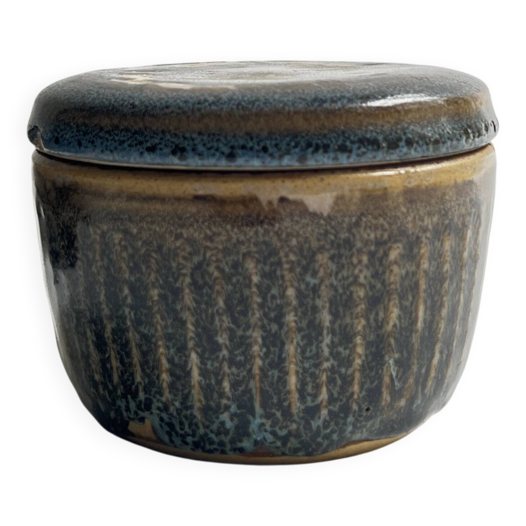 Deep blue glazed ceramic box, signed Abbaye Font Gombault, France