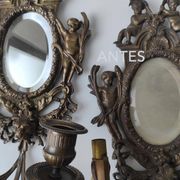 Pair of old French wall lights with beveled mirror and putti