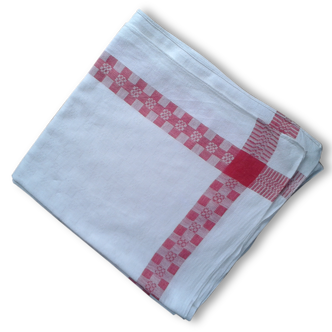 Nappe à thé en damassé de coton blanc et rouge