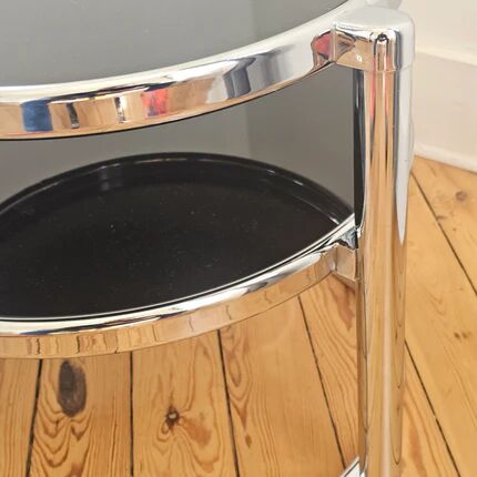 Vintage coffee table with 3 levels and rotating trays in chrome metal and smoked glass - Space Age 1970s.