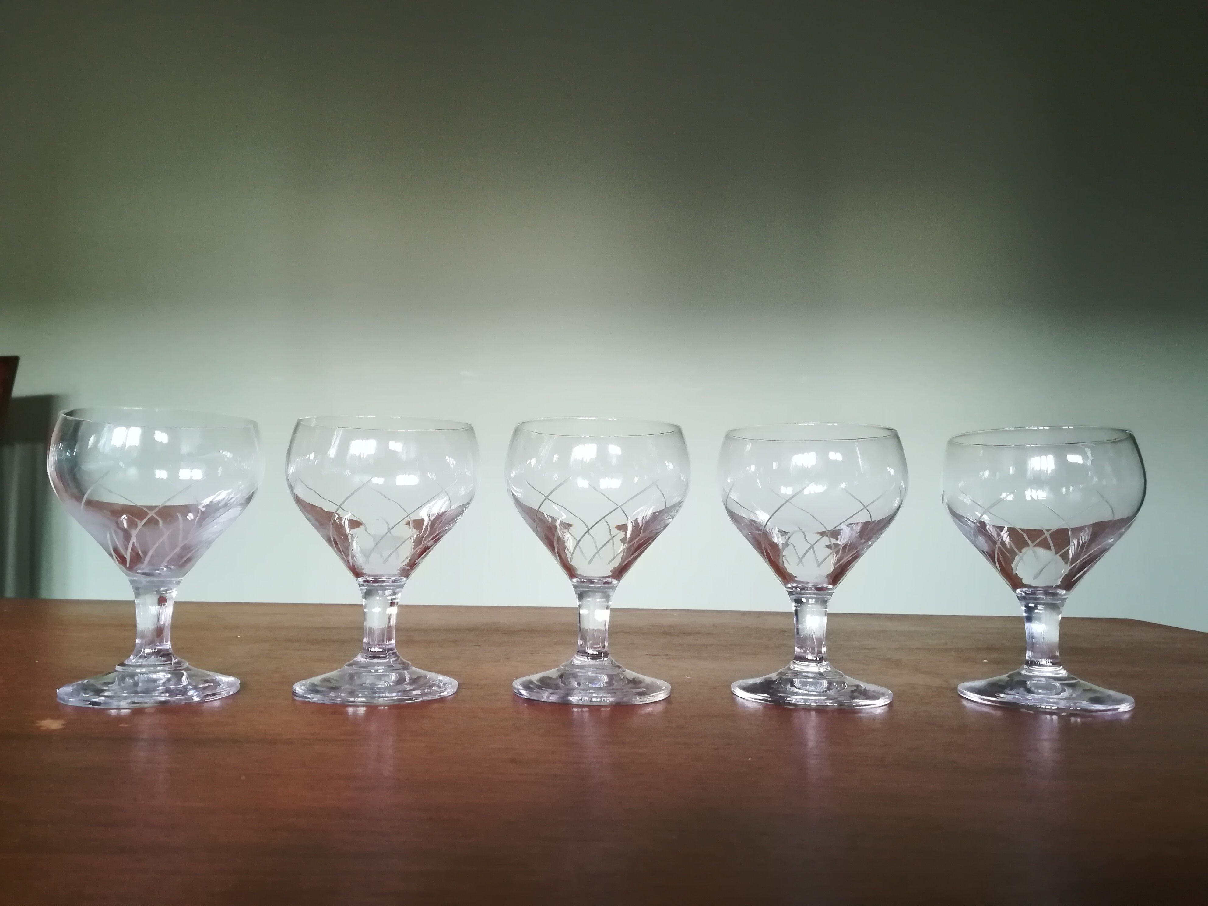 Five engraved vintage glasses white wine or aperitif glasses