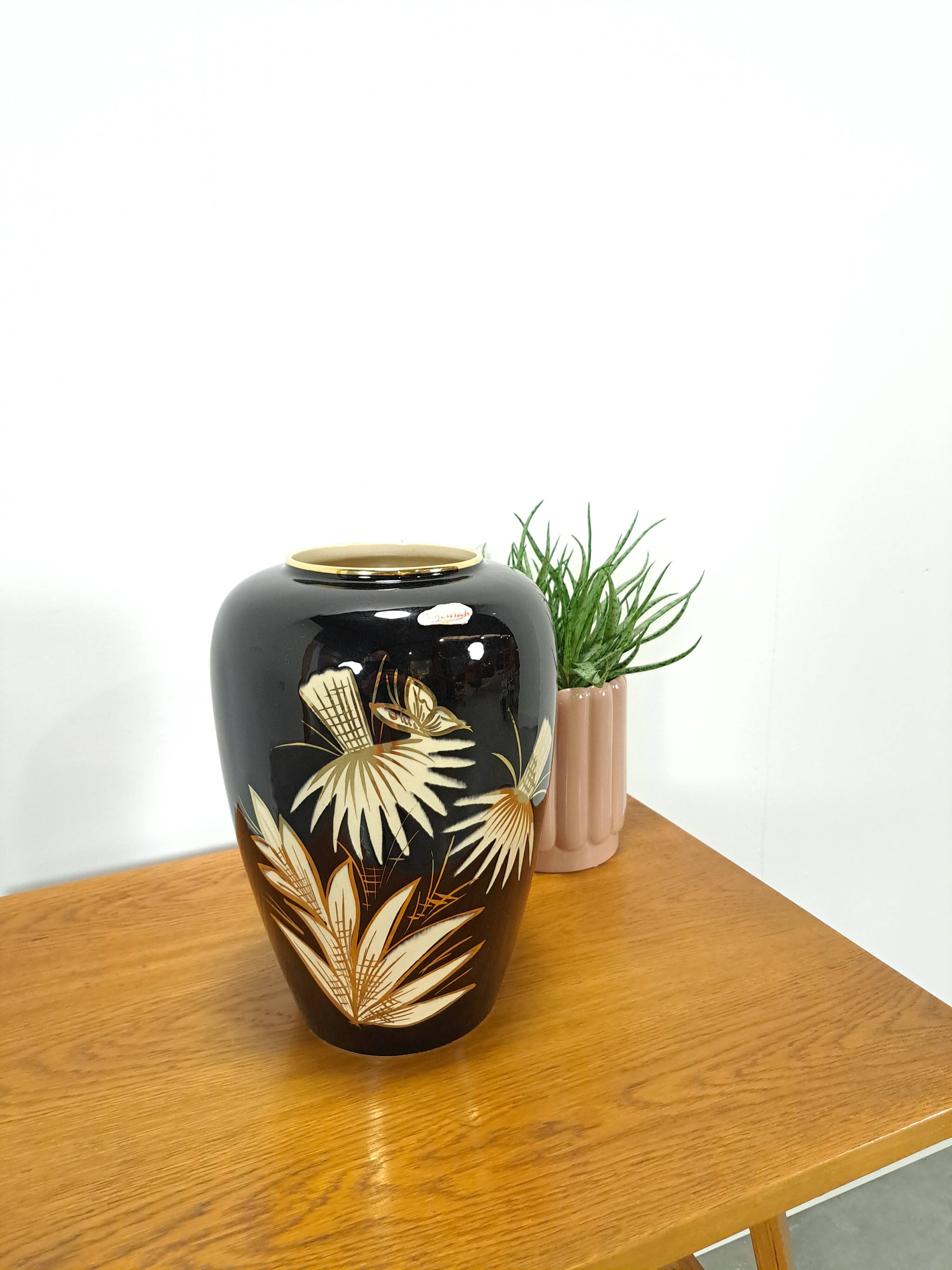 Porseleinen  vintage zwarte vaas Foreign, Scheurich, met gouden details en graan