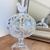 Pressed glass candy box with bird decor – 17 cm – Perfect condition