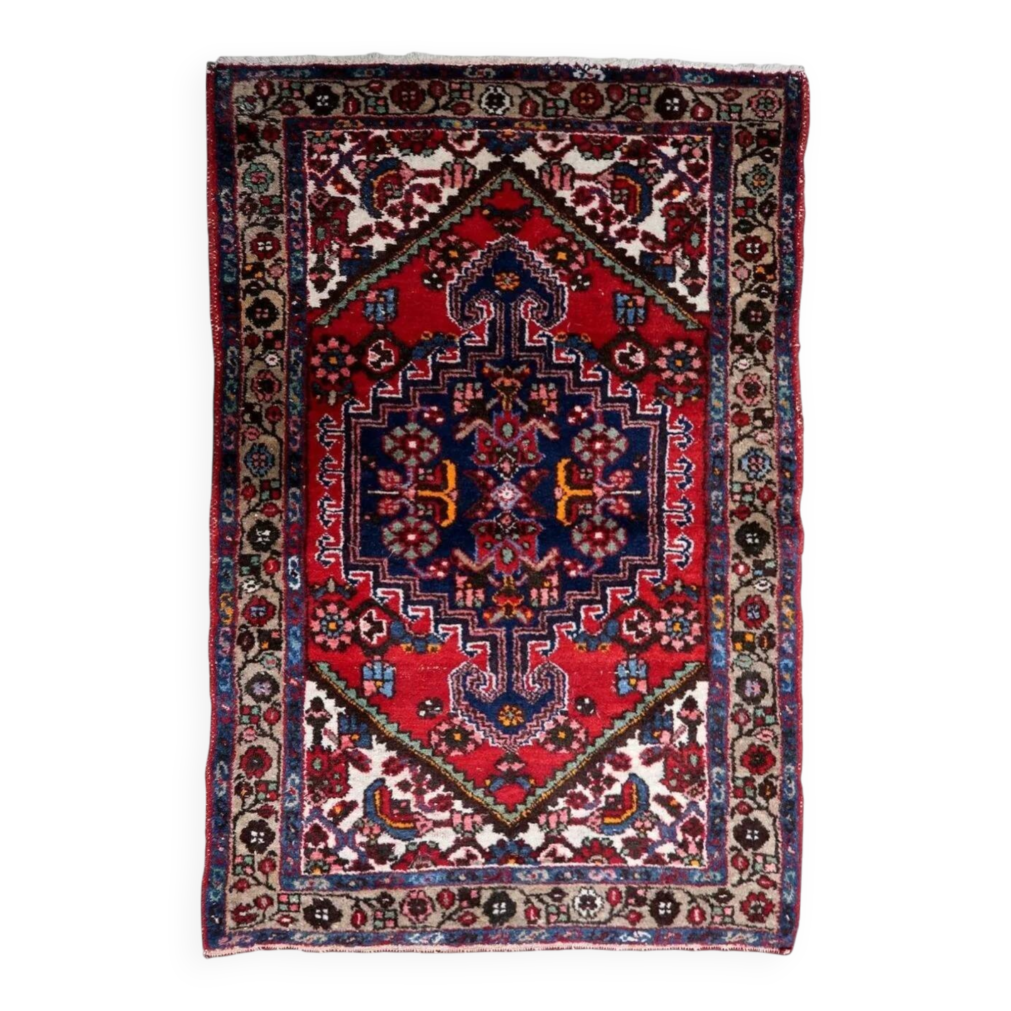 1950s handmade wool medallion rug, red and navy, 96 × 144 cm - 1C1290