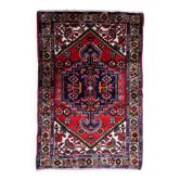 1950s handmade wool medallion rug, red and navy, 96 × 144 cm - 1C1290