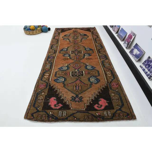 Vintage Turkish Oushak Handmade Wool Cotton Brown Runner Rug 128296