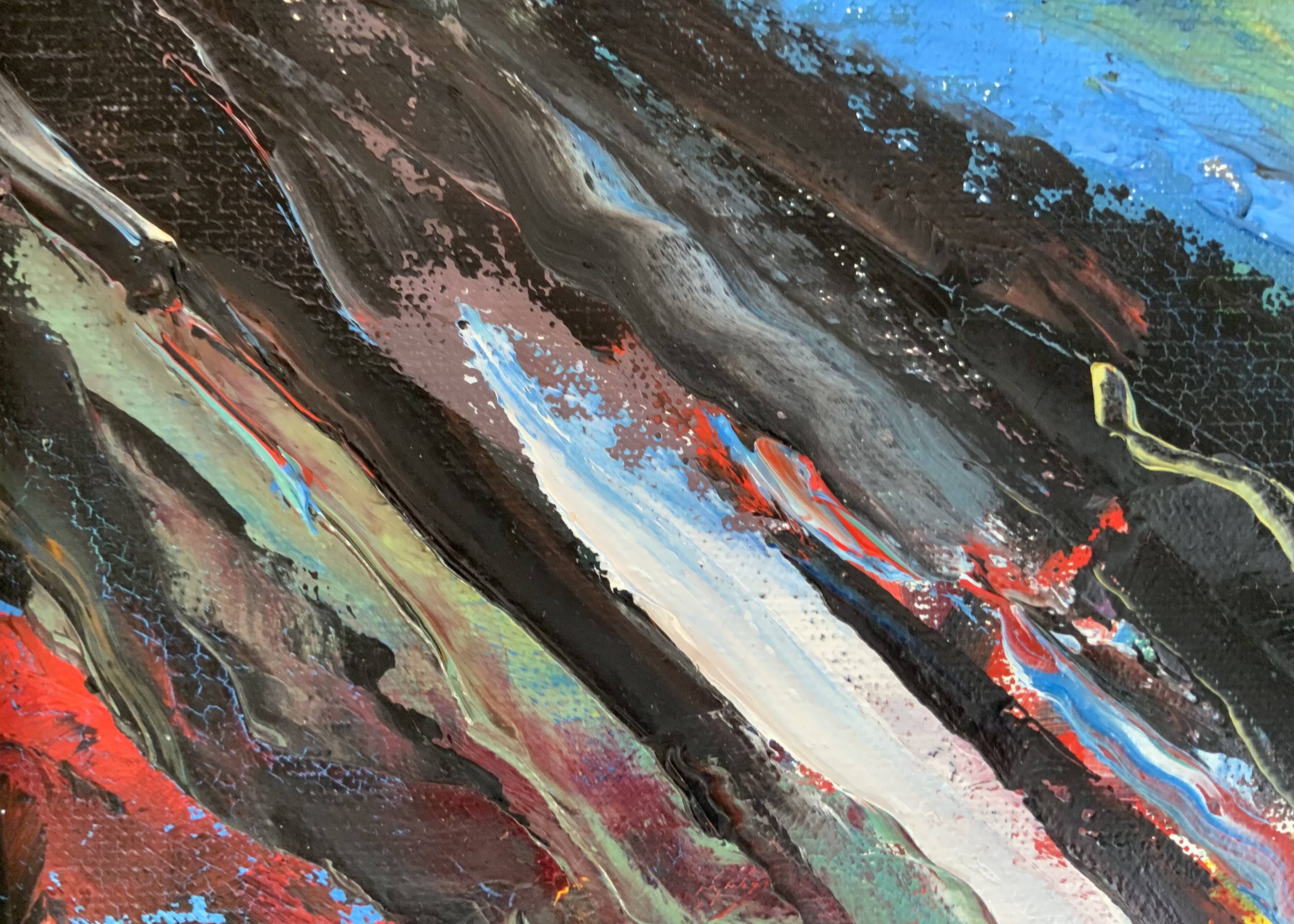 Petite peinture abstraite vintage de paysage, signée Axel, années 1970.