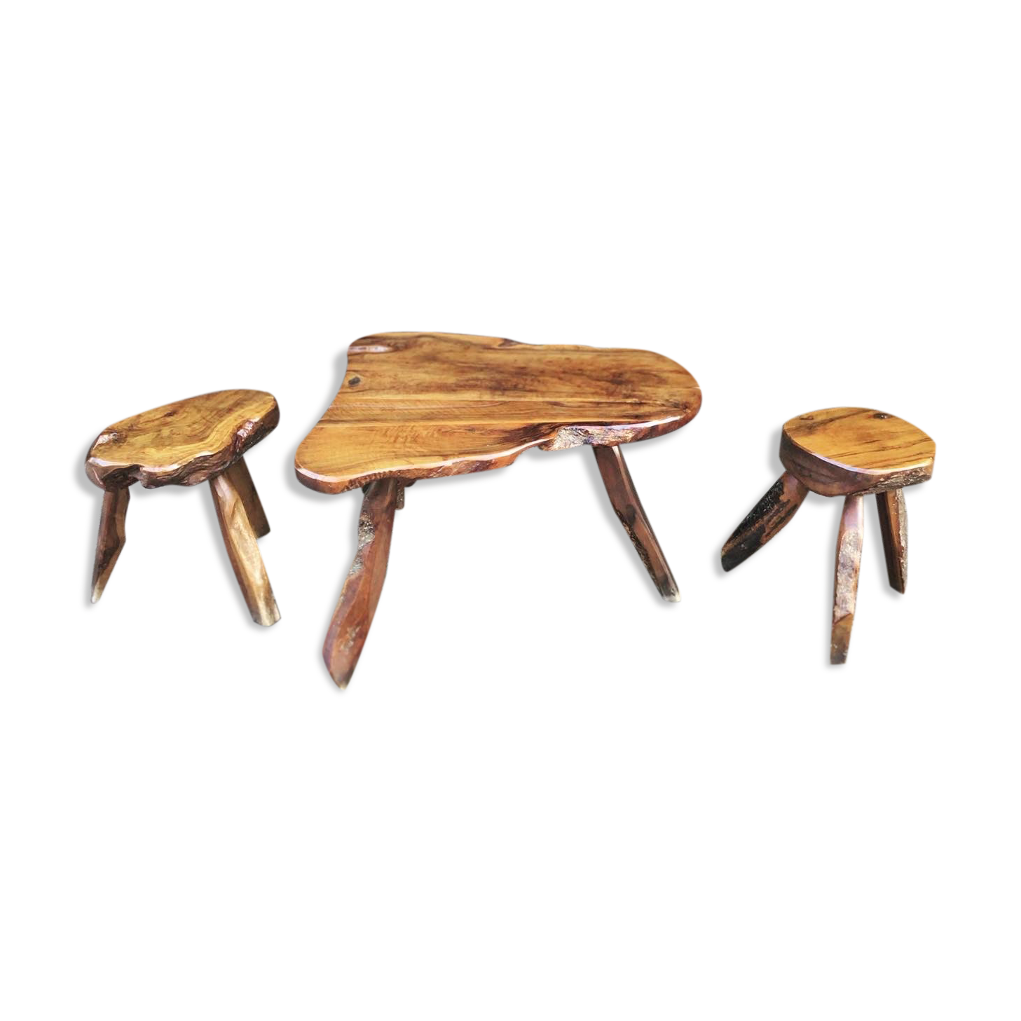 Brutalistic solid wood table and stools
