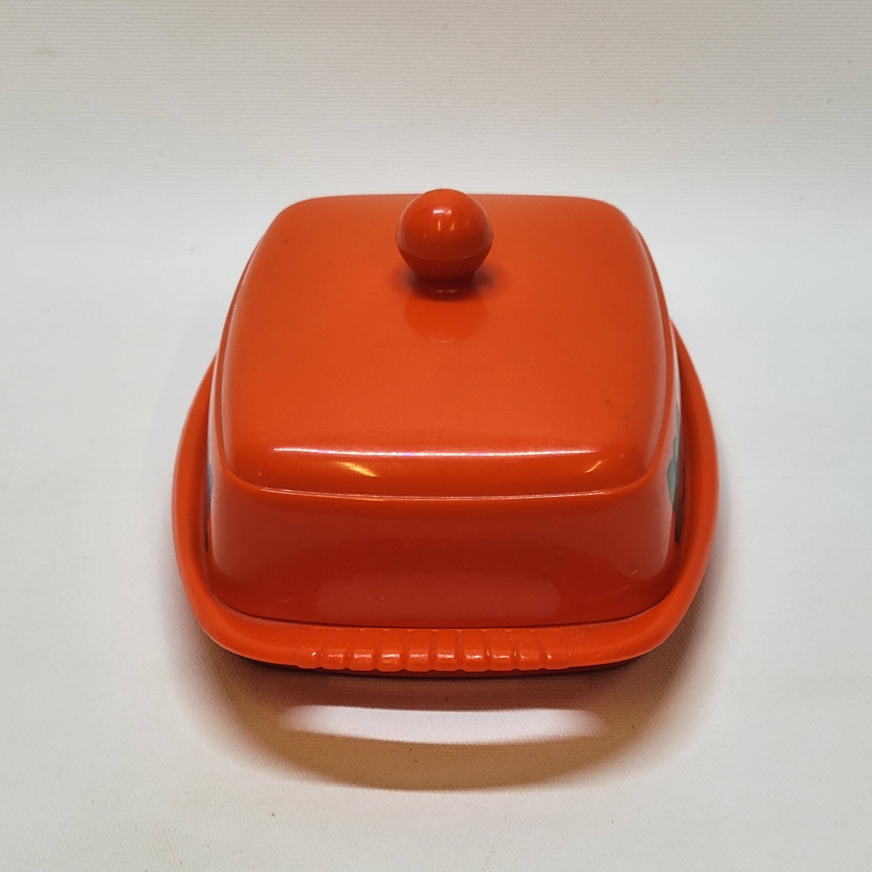 Emsa butter dish in orange plastic and vintage flowers 1970s