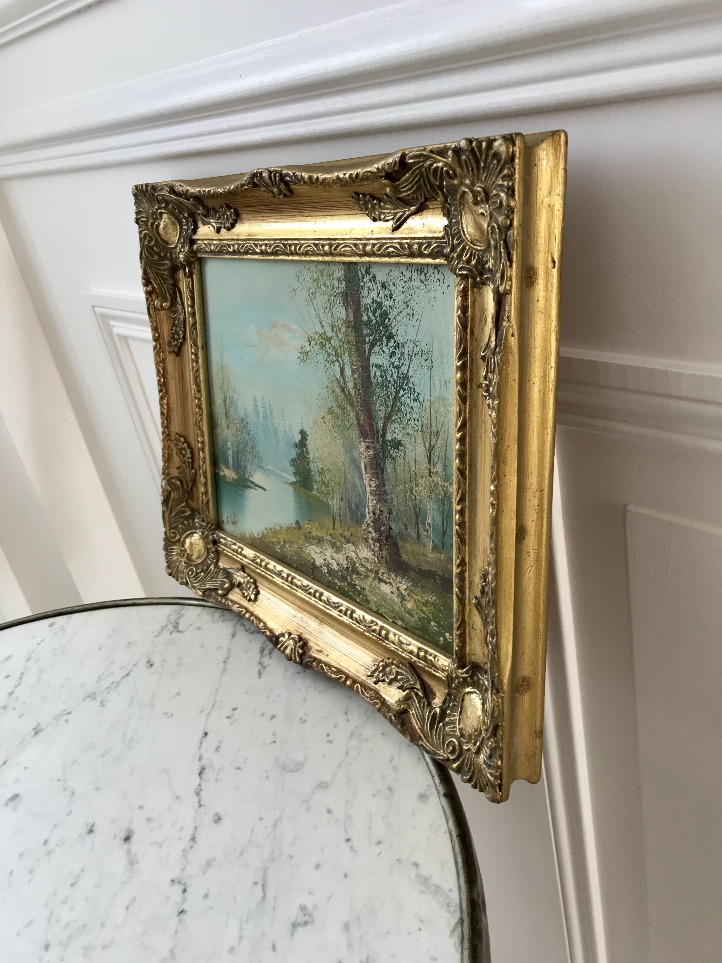 painting oil on canvas landscape river and forest frame wood signed years 40-50