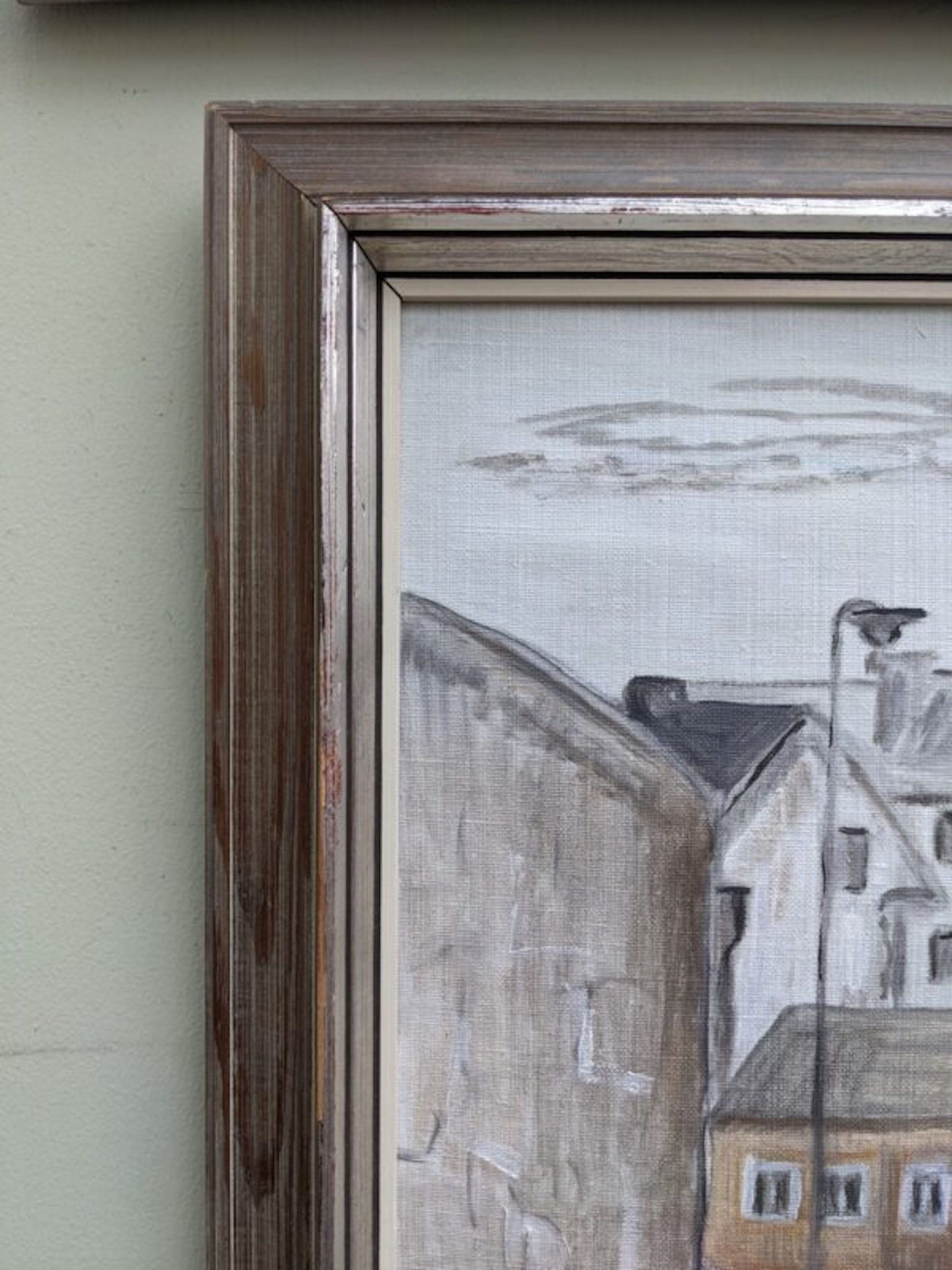 Mid-Century Modern "Stroll" Swedish Vintage Street Scene Oil Painting, Framed