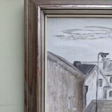 Mid-Century Modern "Stroll" Swedish Vintage Street Scene Oil Painting, Framed