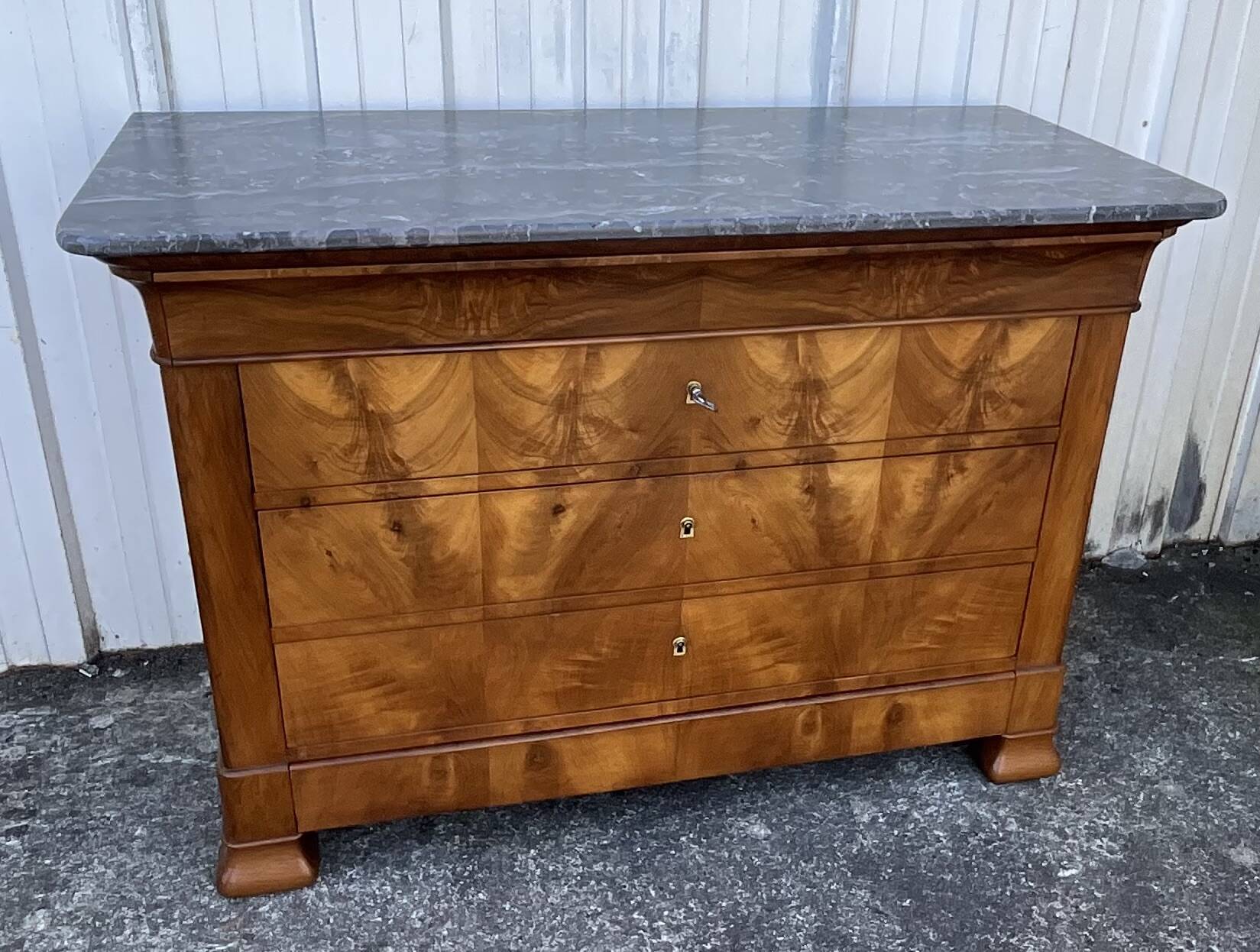 Louis-Philippe commode in burr walnut, Saint-Anne grey marble, mid-century