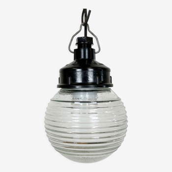 Industrial bakelite pendant light with ribbed glass, 1970s