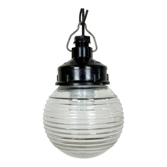 Industrial bakelite pendant light with ribbed glass, 1970s