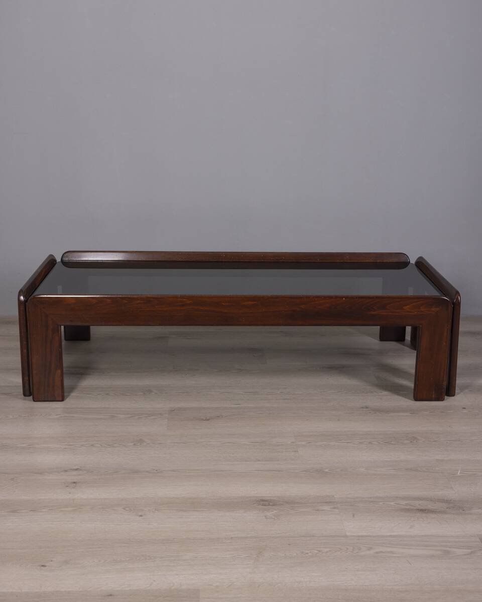 VINTAGE 1970S COFFEE TABLE IN WOOD AND GLASS DESIGNED AFRA E TOBIA SCARPA