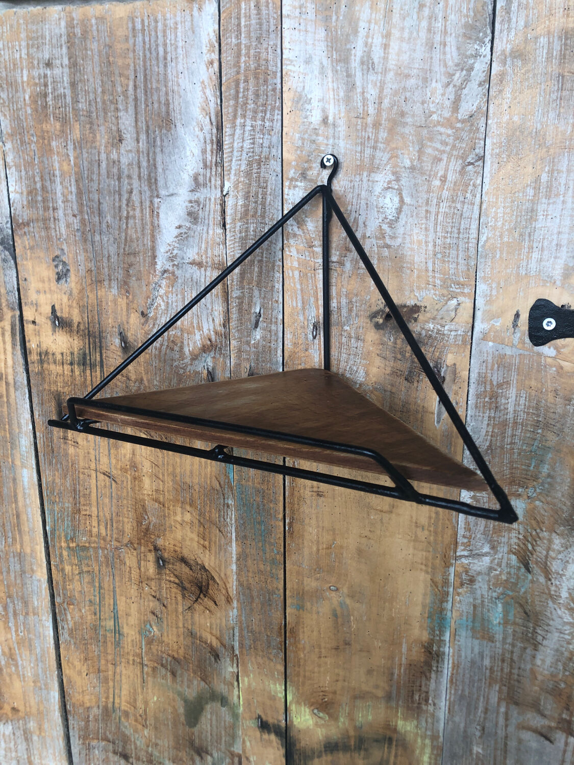 Black wrought iron corner shelf + vintage wooden top