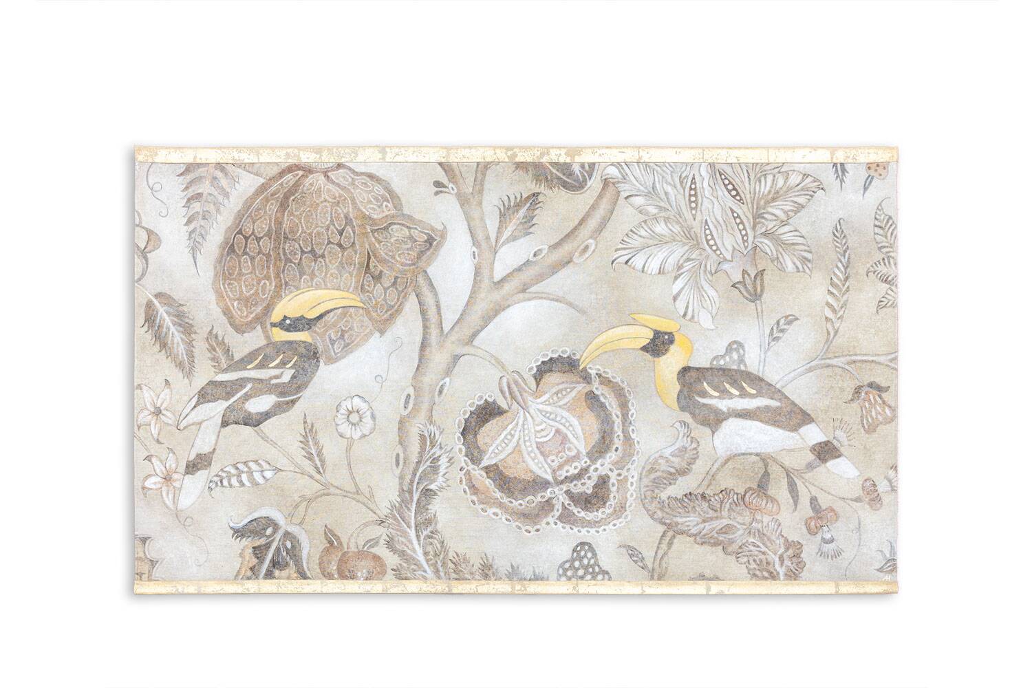 Painted canvas depicting toucans. Contemporary work.